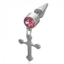 Fake piercing with a cross pendant and pink zircon