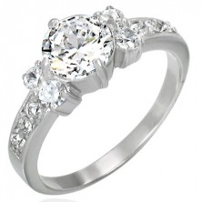 316L steel engagement ring - one large zircon in the middle, smaller on the sides