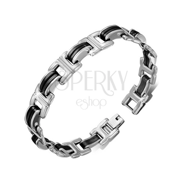 Steel and rubber bracelet, multiple links, "H" parts with groove