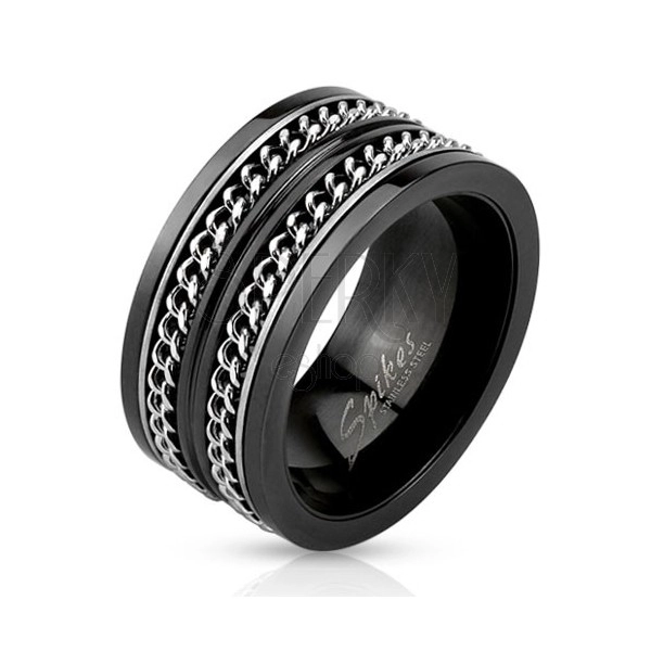 Black steel band ring, two silver chains