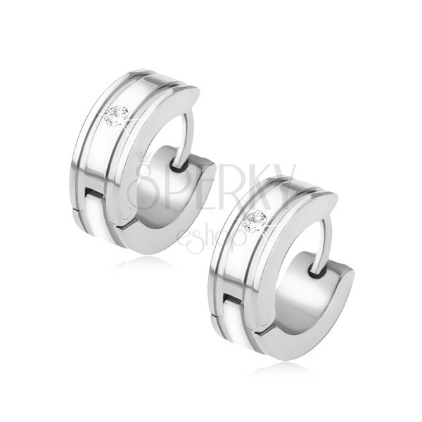 Huggie steel earrings, two wide grooves and clear zircon