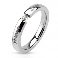 Stainless steel ring, clear zircon, engraved sign Forever love