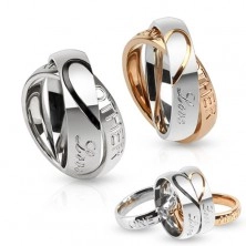 Double steel ring, heart contour, Love one another