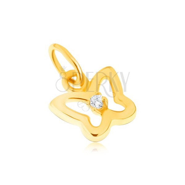 Pendant in yellow 14K gold - glossy butterfly contour with clear zircon