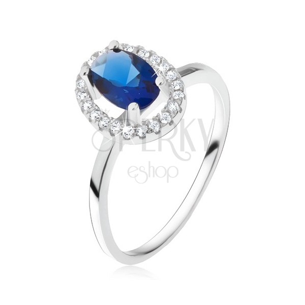 Ring made of 925 silver, oval blue rhinestone with zircon rim