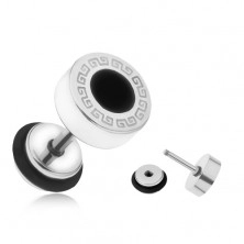 Steel fake ear plug, Greek key, black enameled circle, 8 mm