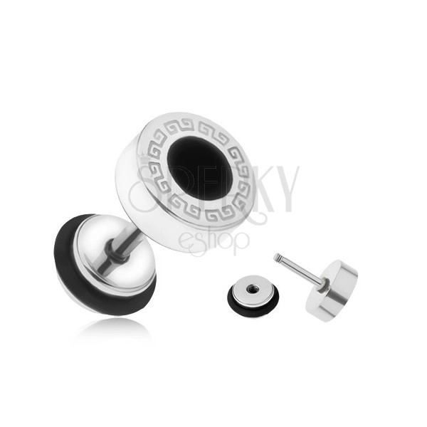 Steel fake ear plug, Greek key, black enameled circle, 8 mm