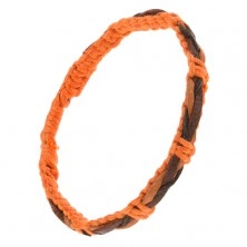 Bracelet made of orange strings, black and brown braided plait on the surface