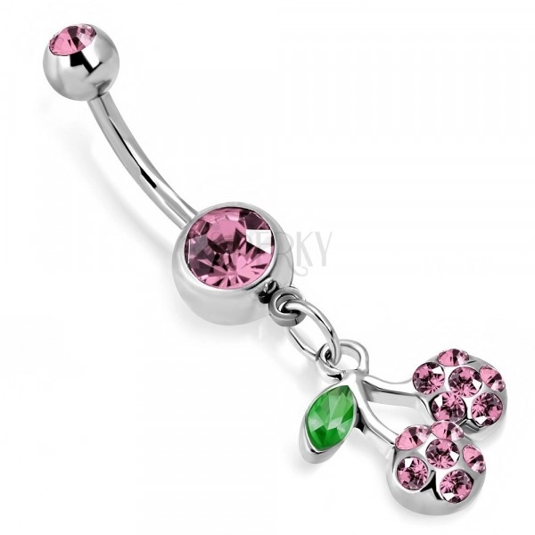 Belly piercing - cherries on peduncle with leaf, glittery cut zircons