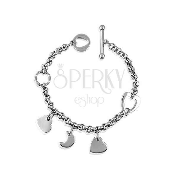 Charm steel bracelet with hearts and moon