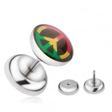 Steel fake ear plug, peace symbol in three colors