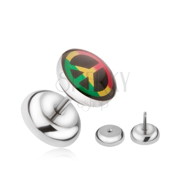 Steel fake ear plug, peace symbol in three colors
