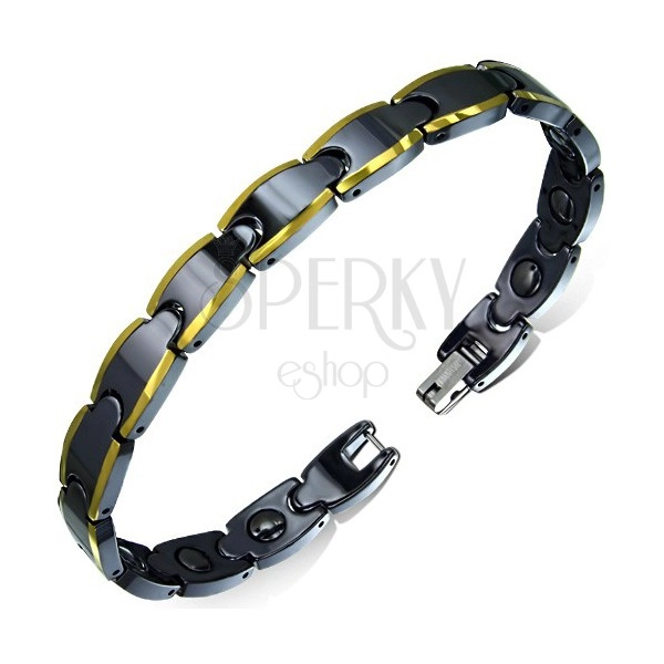 Shiny black wolfram bracelet, edge stripes in golden colour