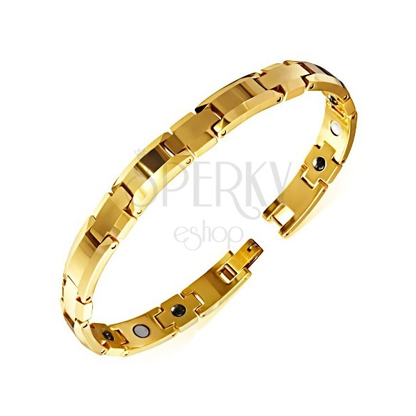 Shiny wolfram bracelet in golden colour, angling edges, magnetic balls