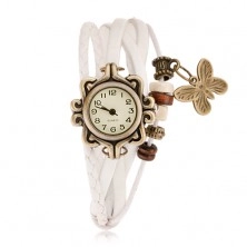 Analog watch, decoratively shaped, white braided strap, beads