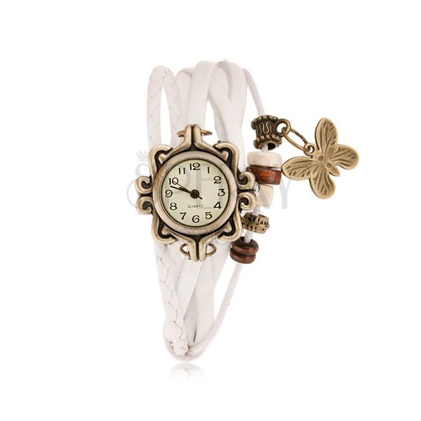 Analog watch, decoratively shaped, white braided strap, beads