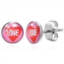 Stud steel earrings - red heart, LOVE inscription