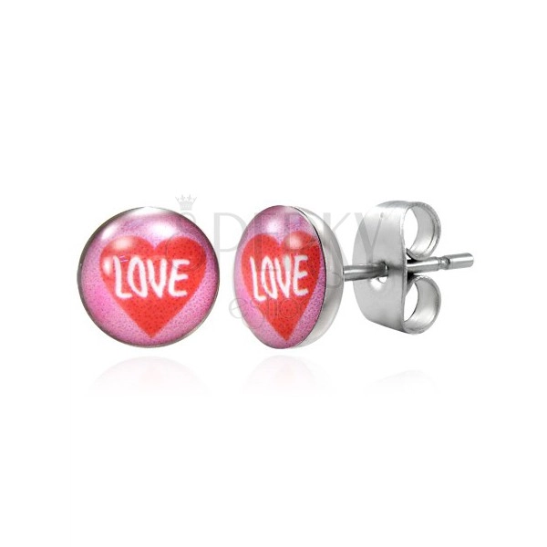 Stud steel earrings - red heart, LOVE inscription