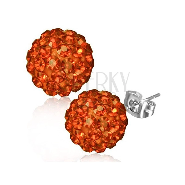 Steel earrings - orange Shamballa ball, faceted stones