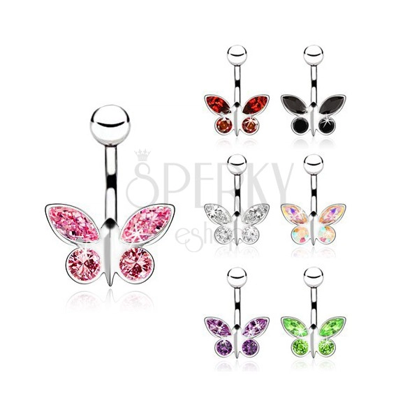Navel piercing made of steel, zircon butterfly - different colours