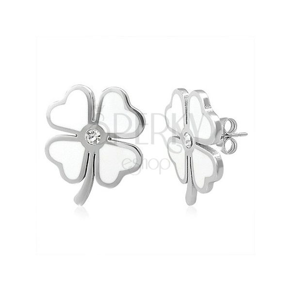 Earrings made of 316L steel, white glazed four-leaf clover for good luck