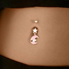 Steel belly button piercing - pink crescent with hearts