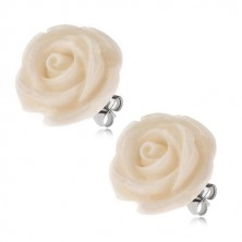 Steel earrings, cream-coloured rose, stud closure, 20 mm