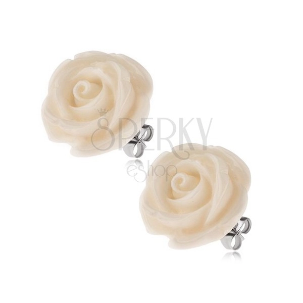 Steel earrings, cream-coloured rose, stud closure, 20 mm