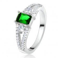 Ring - green rectangular stone, forked arms, clear zircons, 925 silver