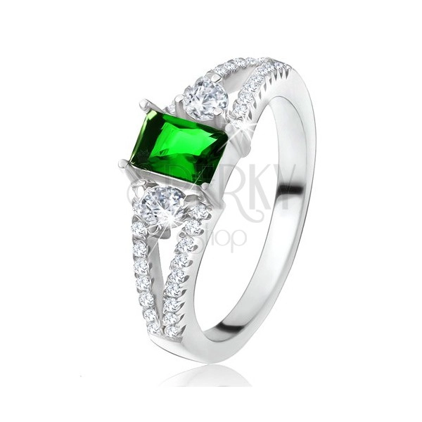 Ring - green rectangular stone, forked arms, clear zircons, 925 silver
