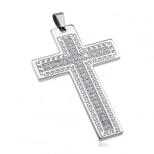 Pendant made of surgical steel - big cross with zircons and Greek key