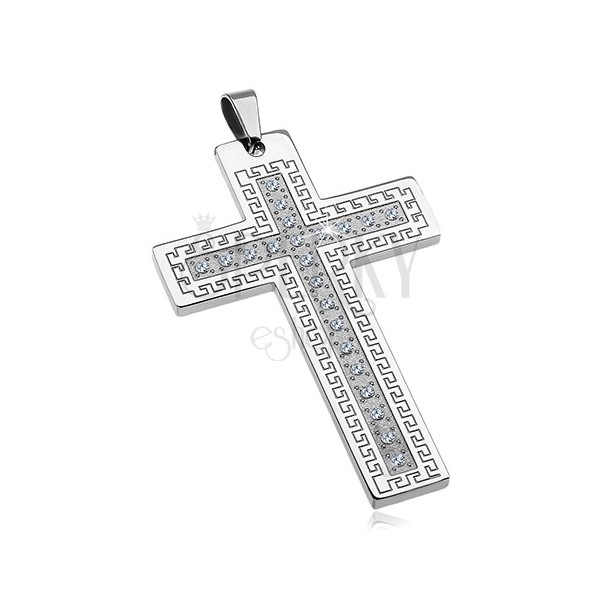 Pendant made of surgical steel - big cross with zircons and Greek key