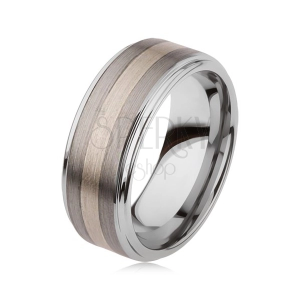Glossy ring made of wolfram carbide with matt surface, two-tone striped motif