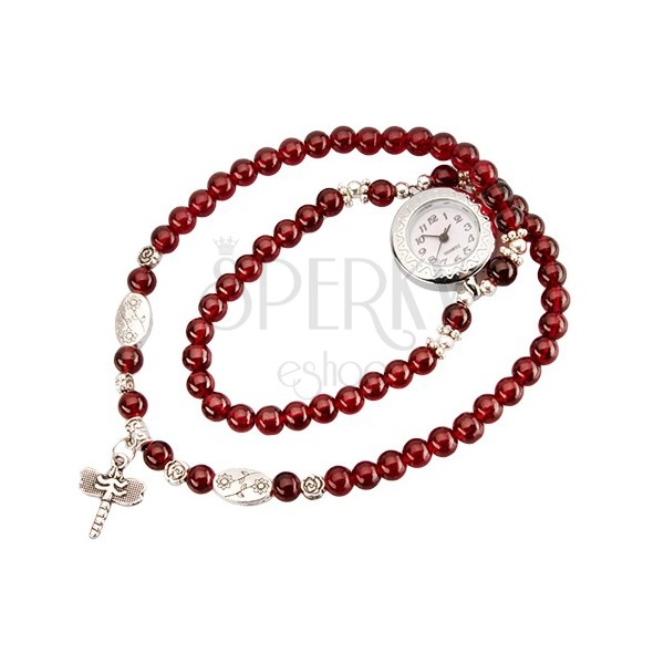 Analog watch, bead red bracelet, white dial, dragonfly