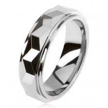 Tungsten ring in silver colour, geometrically ground convex strip