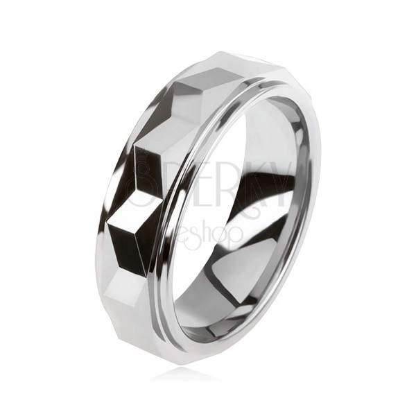 Tungsten ring in silver colour, geometrically ground convex strip