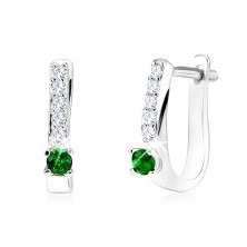 Earrings made of 925 silver, green round rhinestone, line of clear zircons