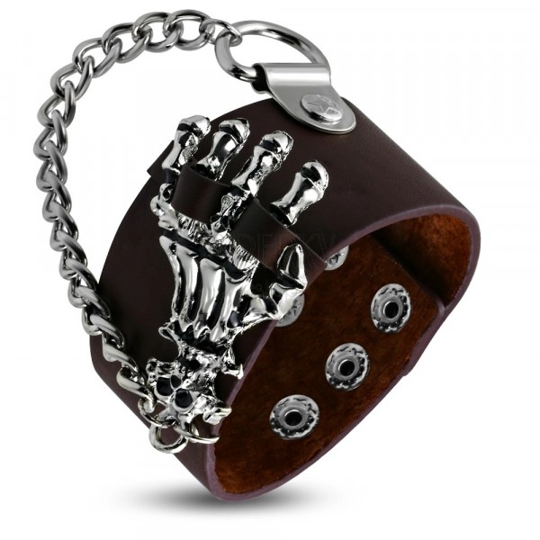 Brown leather bracelet - bone hand, skull and chain