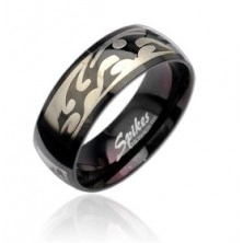 Black steel ring with Tribal pattern in silver colour