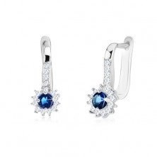 925 silver earrings, zircon flower with dark blue rhinestone