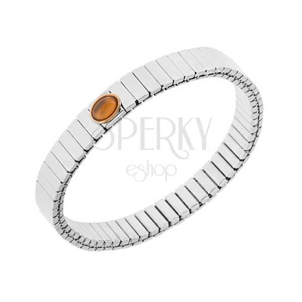Shiny steel bracelet in silver colour, stretchable, oval orange stone