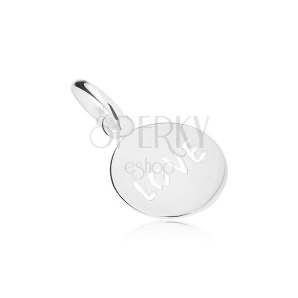 925 silver pendant, shiny, flat, round, "LOVE" cut-out