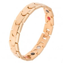 Steel bracelet, golden colour, shiny strips and matt central line, magnets