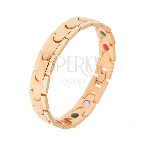 Steel bracelet, golden colour, shiny strips and matt central line, magnets