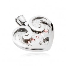 Steel pendant, heart with ornaments in silver colour, pink zircons
