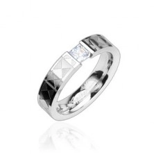 Steel ring - clear zircon, patterned band