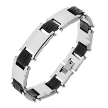 Bracelet made of surgical steel, smooth shiny links, black rubber joints