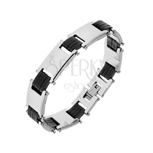 Bracelet made of surgical steel, smooth shiny links, black rubber joints