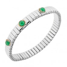 Extensible bracelet made of steel in silver colour, emerald green balls
