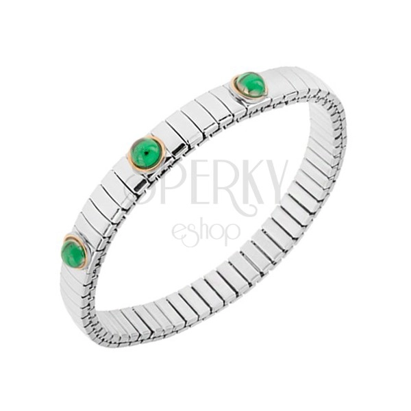Extensible bracelet made of steel in silver colour, emerald green balls